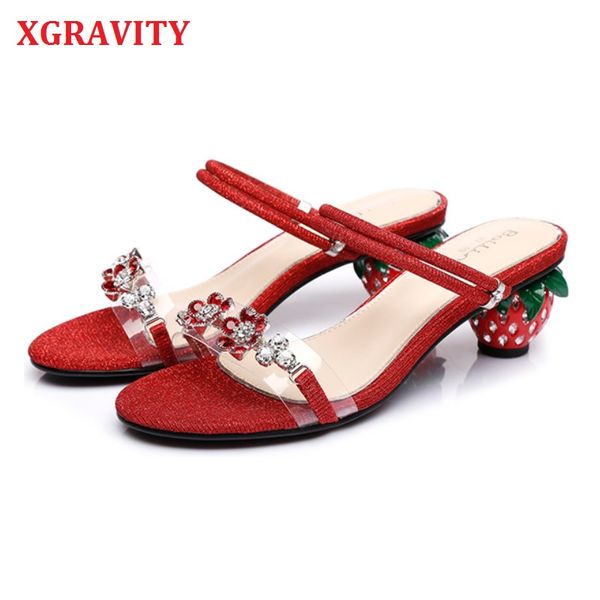 

xgravity evening shoes strange strawberry heel crystal flower fashion sandals chunky heel princess party shoes girl b116, Black