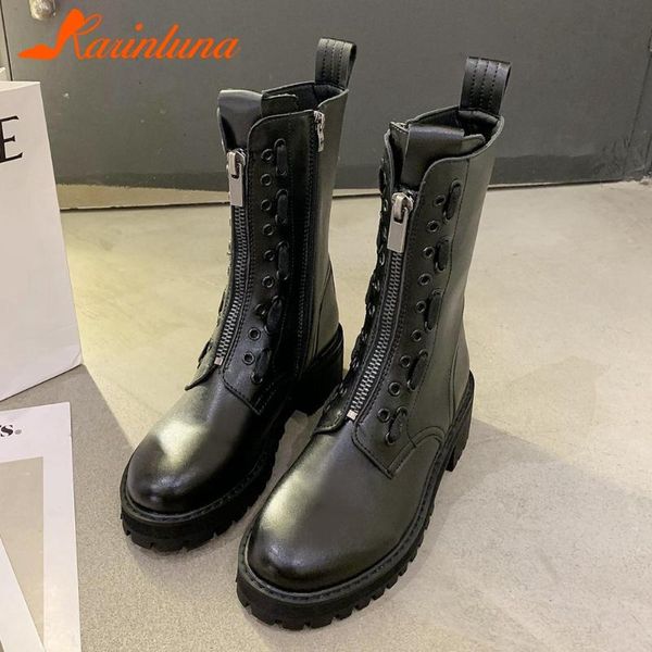 

karin 2020 new fashion mid-calf boots round toe thick square heels classics zipper autumn women shoes, Black