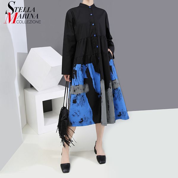 

casual dresses tie dye style woman 2021 autumn winter long sleeve black print vintage shirt dress pocket ladies midi robe 6508, Black;gray