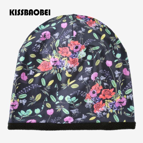 

plus velvet warm beanie hat for women winter windproof hats for girls fashion print flower caps bonnet double layer gorro, Blue;gray