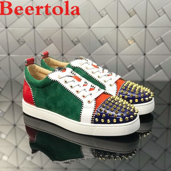 

beertola mixed color men's casual flats shoes patchwork spikes head lace up flock men shoes leisure style men, Black
