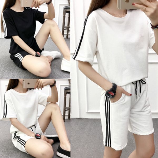 

2019 summer new korean style short-sleeved two-piece suit women's extra fat sportswear sportswear casual sports suit women's cloth, Gray