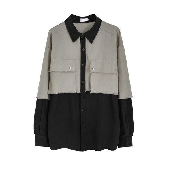 

retro stitching men shirt fashion long sleeve 2020 brand casual patchwork chic hawaiian shirts men lapel streetwear camisa, White;black