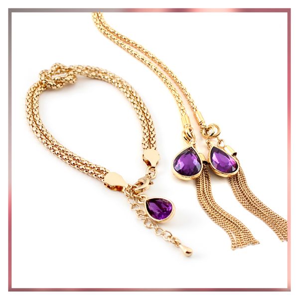 

fashion gold metal long tassel charm necklace purple crystals cz pendant necklace for women bridal wedding party collar jewelry, Silver