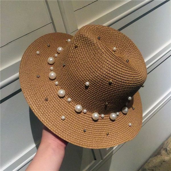 

korean-style england flat brimmed straw hat pearl beads bowler hat women's college style sun-resistant fedora outdoor beach, Blue;gray