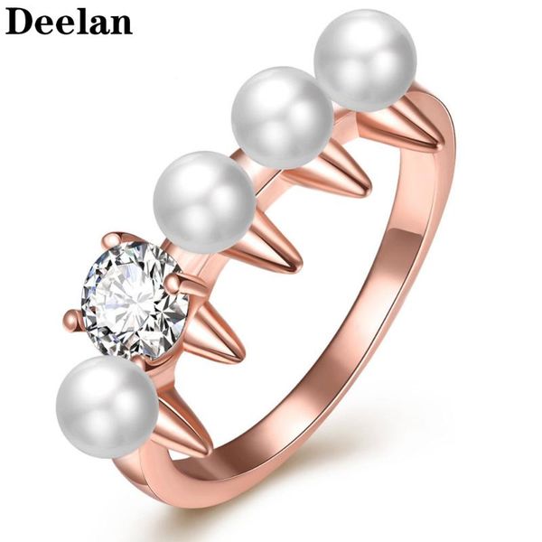 

deelan simulated pearl rose gold color rings for women austrian crystal fashion wedding party anel jewelry ring bague, Golden;silver