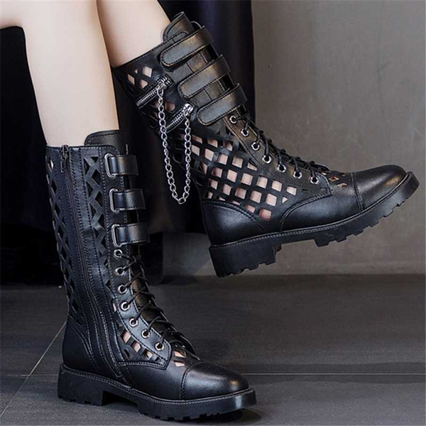

2020 women's summer boots fashion chain genuine leather boots for woman punk shoes ladies mid-calf boot women summer shoes, Black