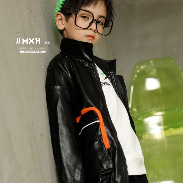 

2020 autumn new children's leather clothing children's leather jacket boys and girls solid color zipper shirts, Blue;gray