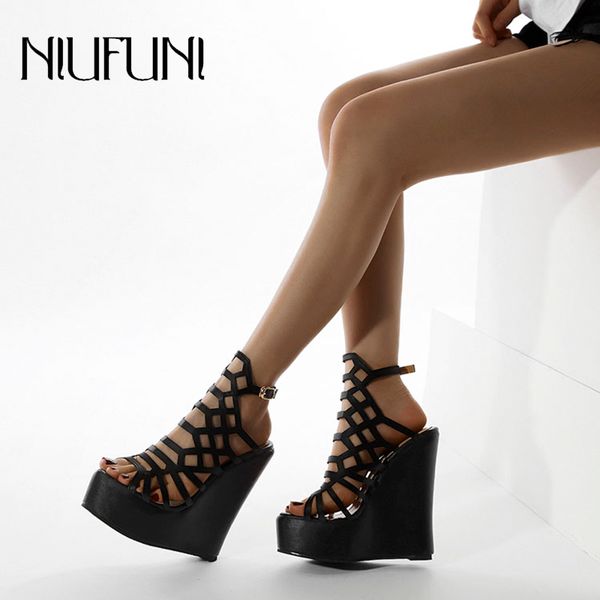 

women's sandals wedge platform gladiator plus size 35-42 buckle hollow peep toe high heels summer footwear shoes for women, Black
