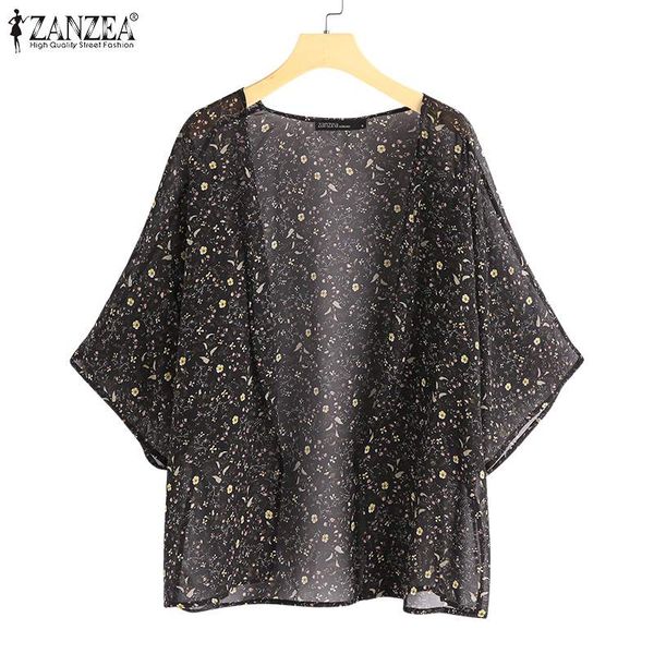 

summer cardigan 2020 zanzea women 3/4 sleeve beach cover up shirt bohemiam floral printed kimono femme chiffon blouse blusas, White