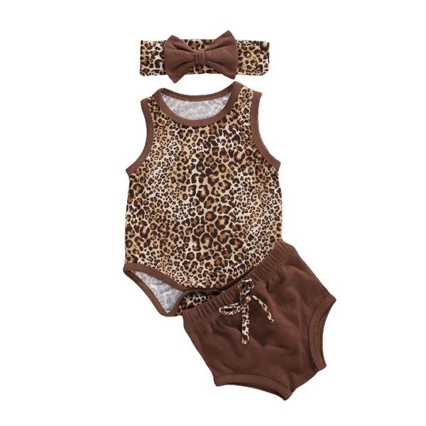 

newborn toddler baby girls clothes sleeveless round neck leopard vest style bodysuit solid color shorts with headband, White