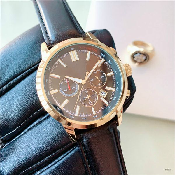 

business full-featured six-hand quartz satch leather strap men classic watches fashion simple business watch all dial work, Slivery;brown