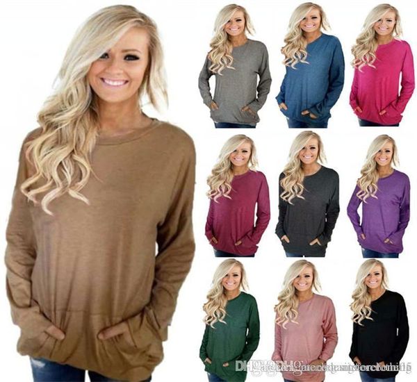 

толстовки с длинным рукавом o шеи сыпучие дамы кофты мода solid color tops с карманы женщины одежда плюс размер womens, Black