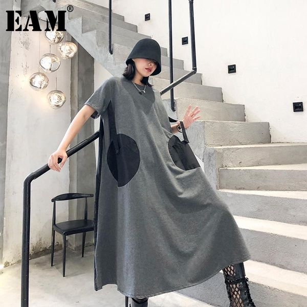 

eam] women dot pinrted back pleated big size dress new round neck short sleeve loose fit fashion tide spring summer 2020 1t459, Black;gray
