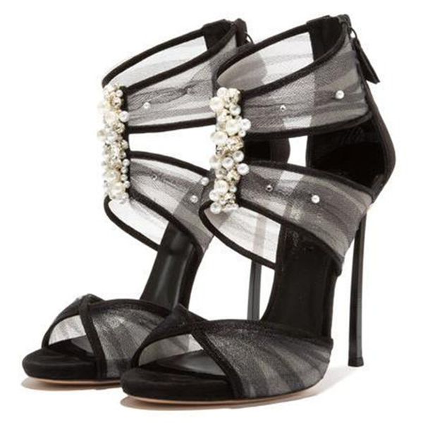 

summer woman sandals black high heels elegant with pearl mesh air breathable shoes woman thin heels shoes female