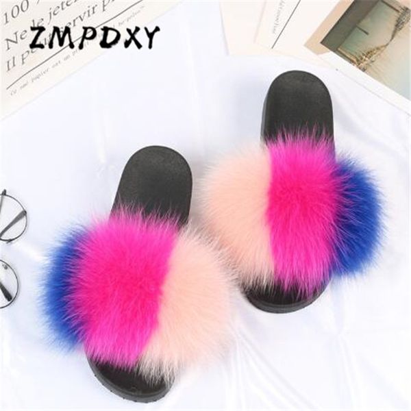 

ladies raccoon fur slides kids/children's fluffy fur slippers furry beach flip flops woman open toe sandals plush home shoes, Black