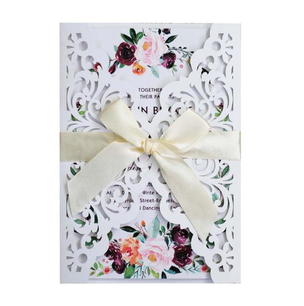 

greeting cards laser cut lace flower wedding invitation card with ribbon for party decor supplies