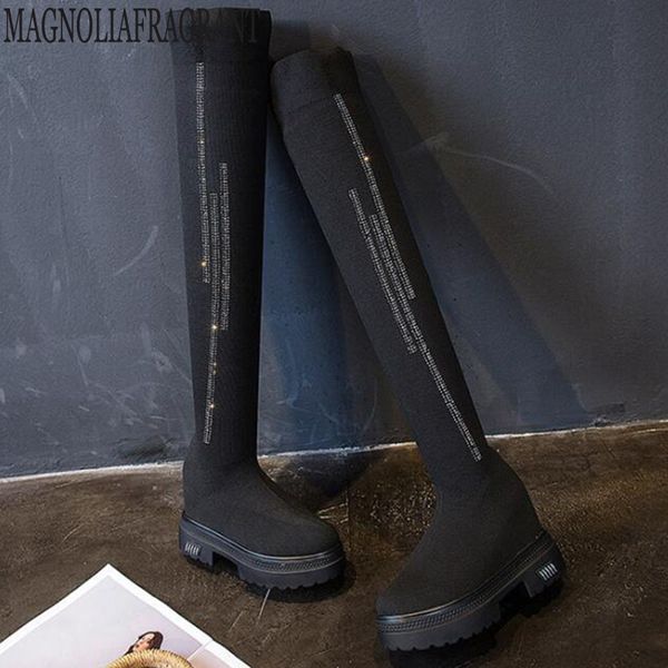 

autumn new flying woven over-the-knee women's boots sleeves internal increase female boots set of feet elastic women y494, Black