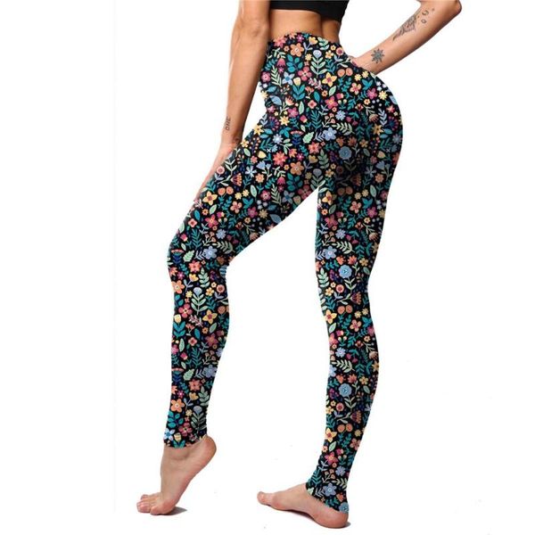 

lady slim graffiti multicolor paisley flower patten leggings water ripple grass floral print daisy 3d fitness panelled pants, Black