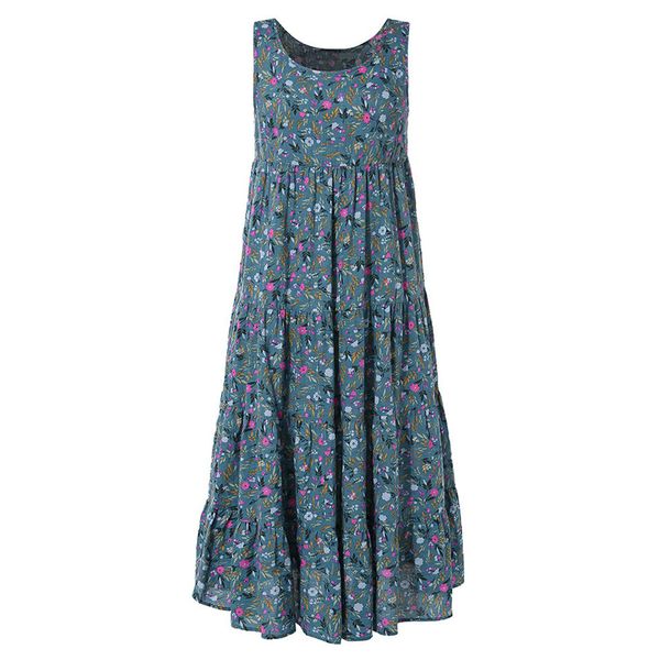 

floral print bohemian casual dress 2020 new summer plus size sleeveless cotton linen women boho dress holiday beach s-5xl, Black;gray