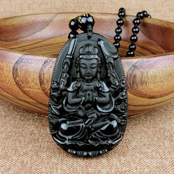 

natural black obsidian carved guanyin buddha lucky pendants + beads necklace, Silver