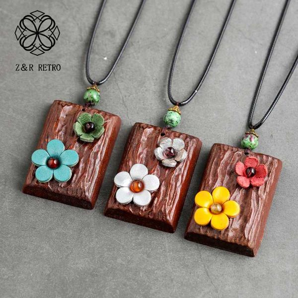 

sandalwood vintage cowhide flower necklace women's wood pendants jewelry long chain statement suspension decoration accessories, Silver