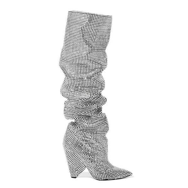 

алмазный embellished кожа колено сапоги bling кристл покрытый подиум высокие каблуки женщины boots роскошная обувь для женщин, Black