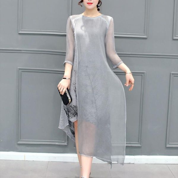 

casual dresses womail spring autumn dress women print mesh three quarter sleeve elegant loose o neck women's beach party night, Black;gray