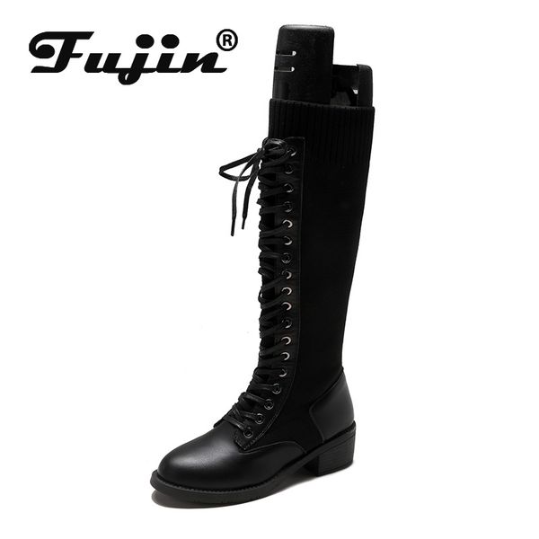 

fujin женщины boots stretch плюша круглый toe dropshipping площадь каблука mid теленок long высота увеличение cross tied каузальный носок bo, Black