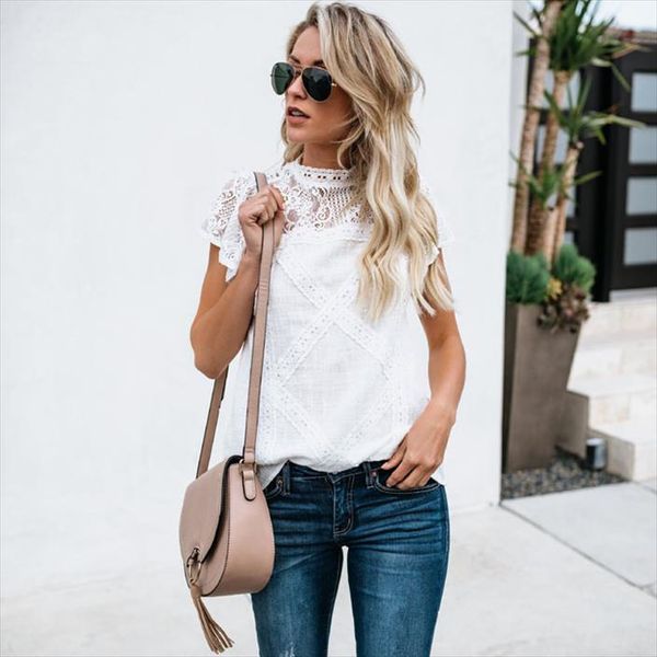 

white lace cap sleeve blouse shirt women fashion short sleeve female blouses lady vestidos summer hollow out blusa