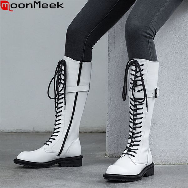 

moonmeek 2020 winter keep warm fashion knee high boots low heel round toe lace up genuine leather women boots, Black