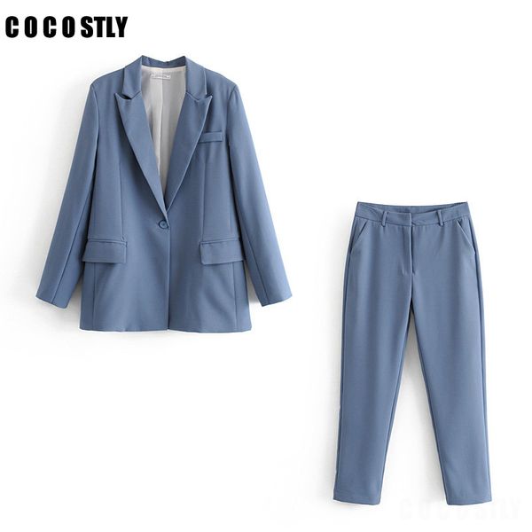 

2020 autumn work pants suit women single button office lady blazer jacket + zip trouser blue pink 2 piece set female outwear, White