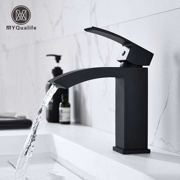 

matte black basin vessel sinks mixer faucet single handle counterwaterfall square bathroom washing mixer taps deck mounted