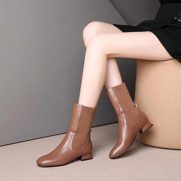 

bottes femme новые зимние ботинки женские сапоги натуральной кожи вязальные сапоги круглый носок сохранить теплые середины икры botas mujer, Black