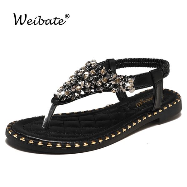 

weibate 2019 summer ladies bling стразы плоские сандалии женщина вскользь дышащий тапочки женщин сладкий кристалл квартиры флип-флоп y200620, Black