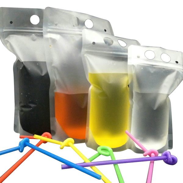 

2020 clear drink pouches bags frosted zipper stand-up plastic drinking bag with straw with holder reclosable heat-proof 500ml dhl free