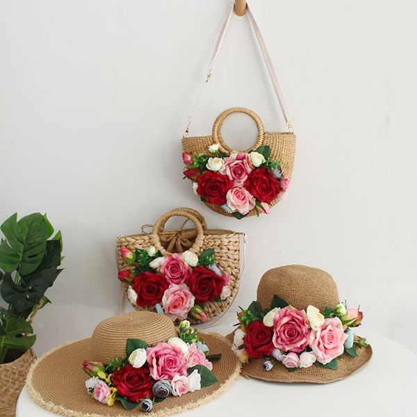 

women fashion rattan handbag colorful artificial flowers weave straw summer beach bag bohemia holiday tote and hat suit