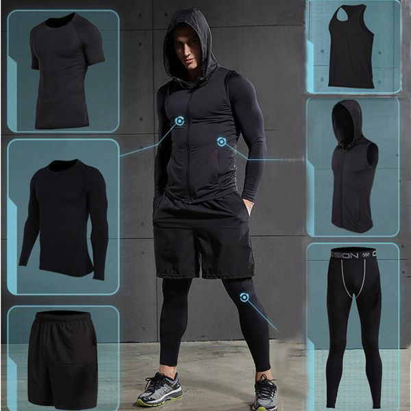 

2019 quick dry men's running sets 6 pieces/set compression sports suits basketball tights clothes gym fitness jogging sportswear, Black;white