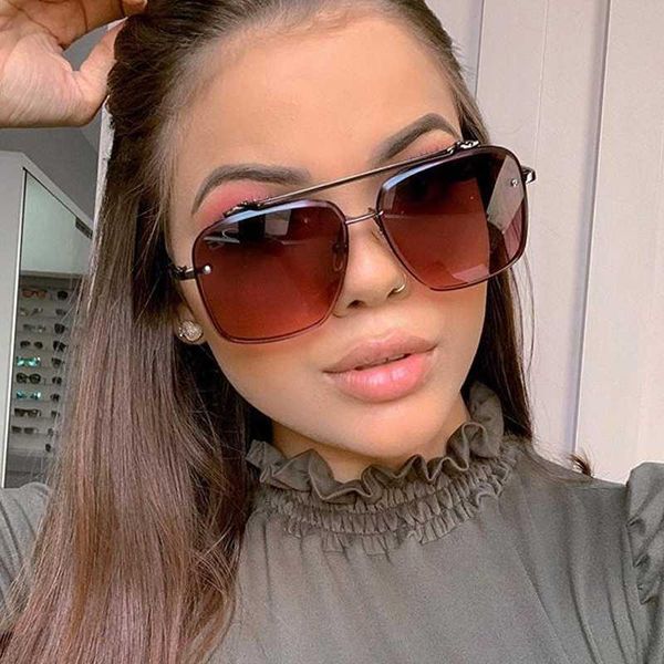 

fashion alloy square black frame sunglasses for women rimless gradient brown blue sun glasses men vintage driving pilot shades, White;black