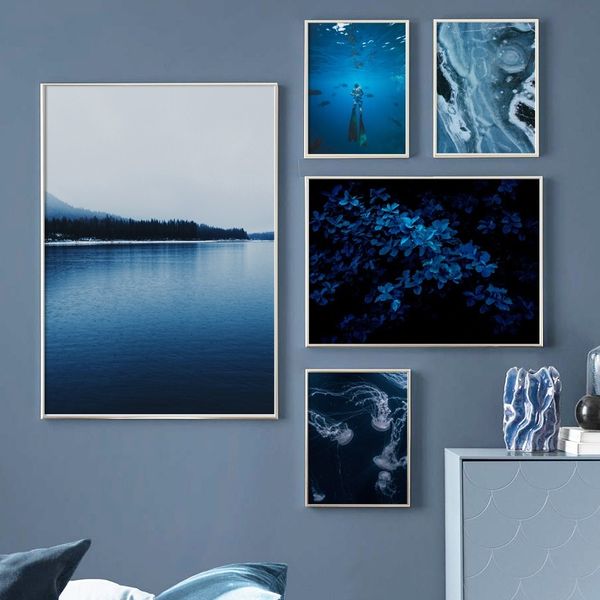 

blue leaf jellyfish diver sea agate wall art canvas painting nordic posters and prints wall pictures for living room home decor