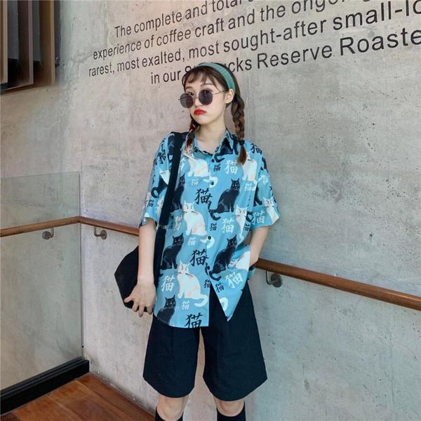 

new 2020 summer women and blouses fashion women shirts half sleeve chinese character cat print baggy female shirts, White