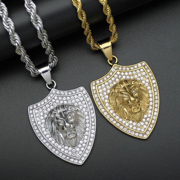 

hip hop rhinestones paved bling iced out gold color stainless steel lion shield pendants necklaces for men rapper jewelry, Silver