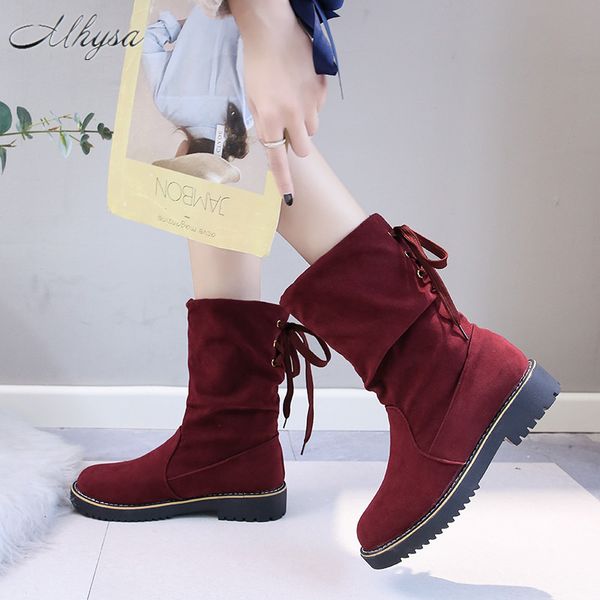 

boots 2021 winter women's fashion lace-up square-heel mid-calf round-toe mid-heel thick warm botas mujer, Black