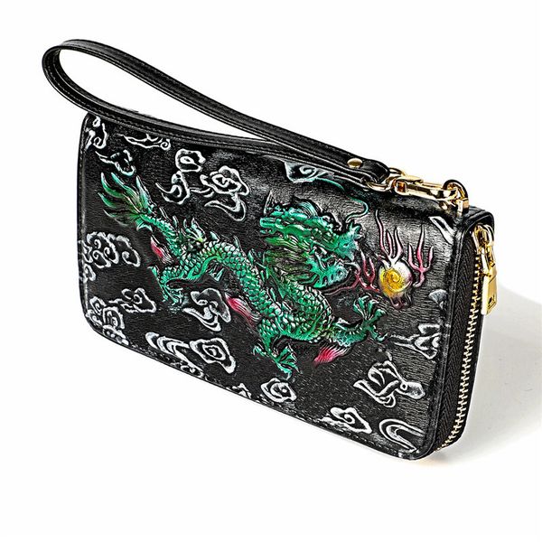 

women cow leather wallet flower phone bag vintage chinese style purse gifts for girls zipper long rfid wallet female card holder, Red;black