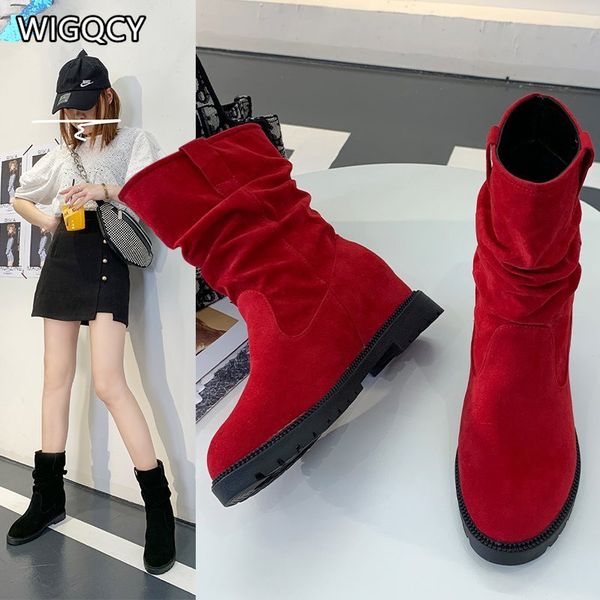 

2020 new winter women's boots fashion put-on mid-calf boots comfortable square-heel platform low heel women's suede w07, Black