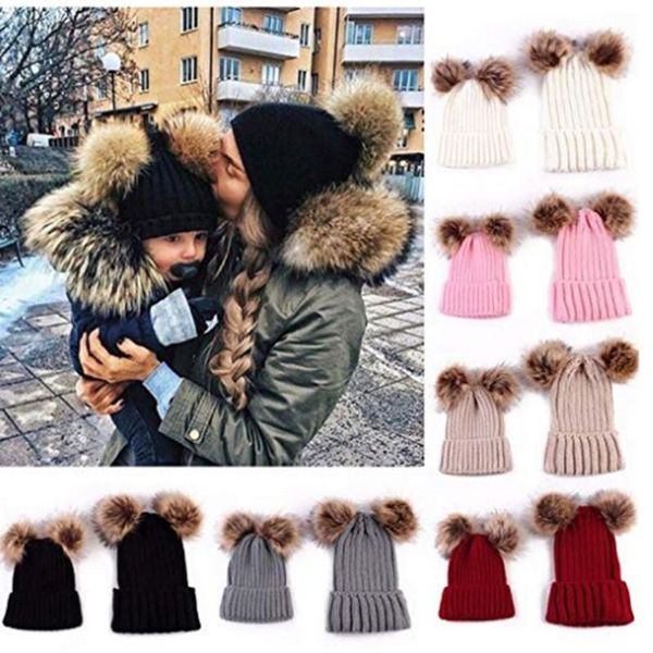

baby girls boys winter warm knit hat wool hat double ball cap parent-child caps toddler hairball beanie caps, Blue;gray