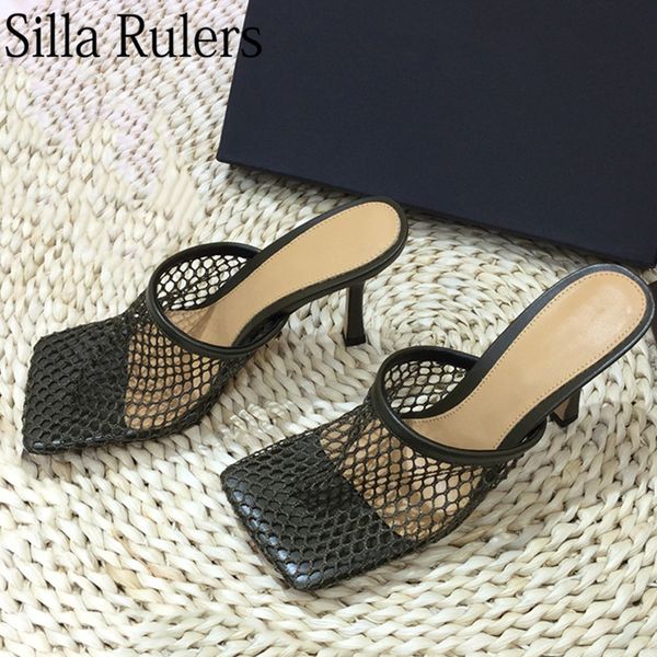 

runway square toe mesh mules woman thin high heels summer slippers woman hollow out half slipper 2020 new summer gladiator, Black