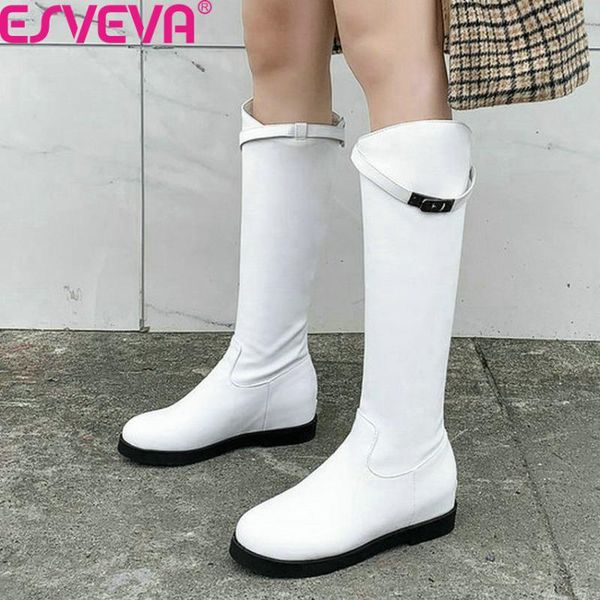 

esveva 2020 round toe fashion all match autumn winter women shoes pu leather square heel buckle zipper knee high boots size34-43, Black