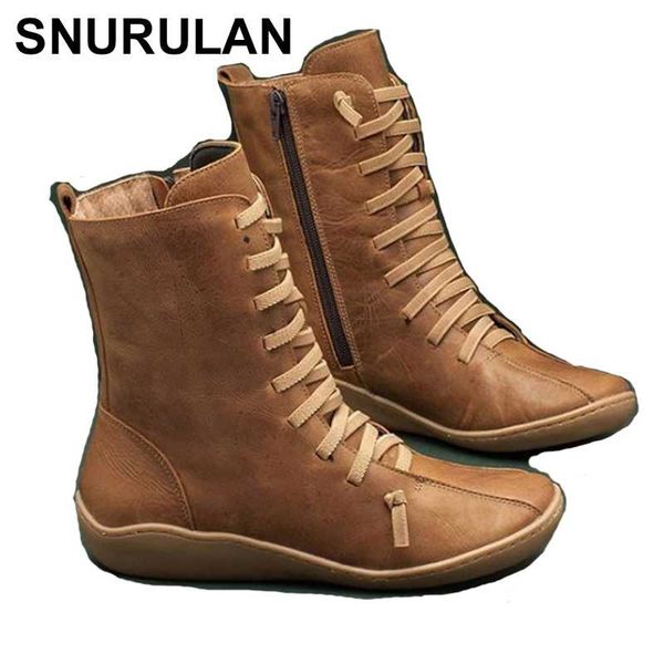 

snurulanautumn vintage zipper ankle boots woman retro leather shoes woman high boots women shoes fashion footweare015, Black