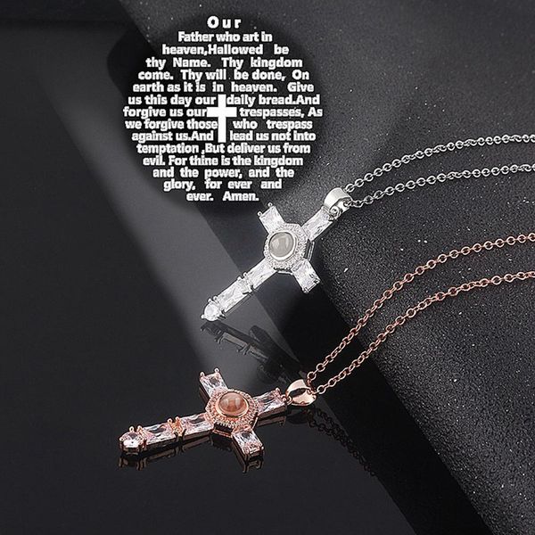 

100 languages i love you projection necklaces cross pendant copper material necklace chain for women girls choker jewelry gift, Silver